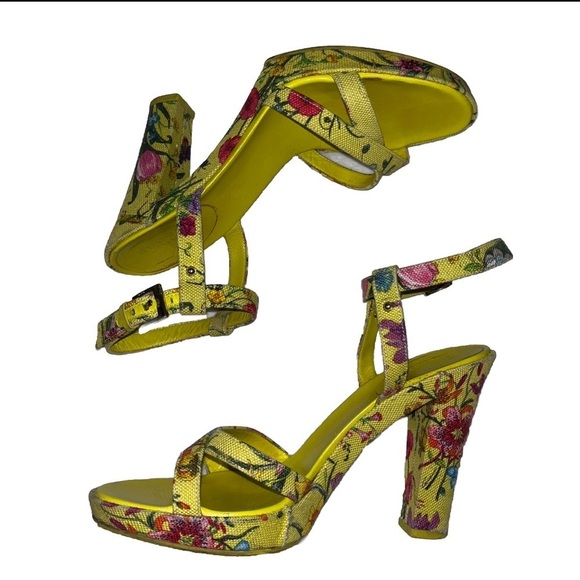 GUCCI Flora Sandals Yellow Floral Canvas EU 38.5 Platform Multicolor Heels Box - Picture 4 of 15